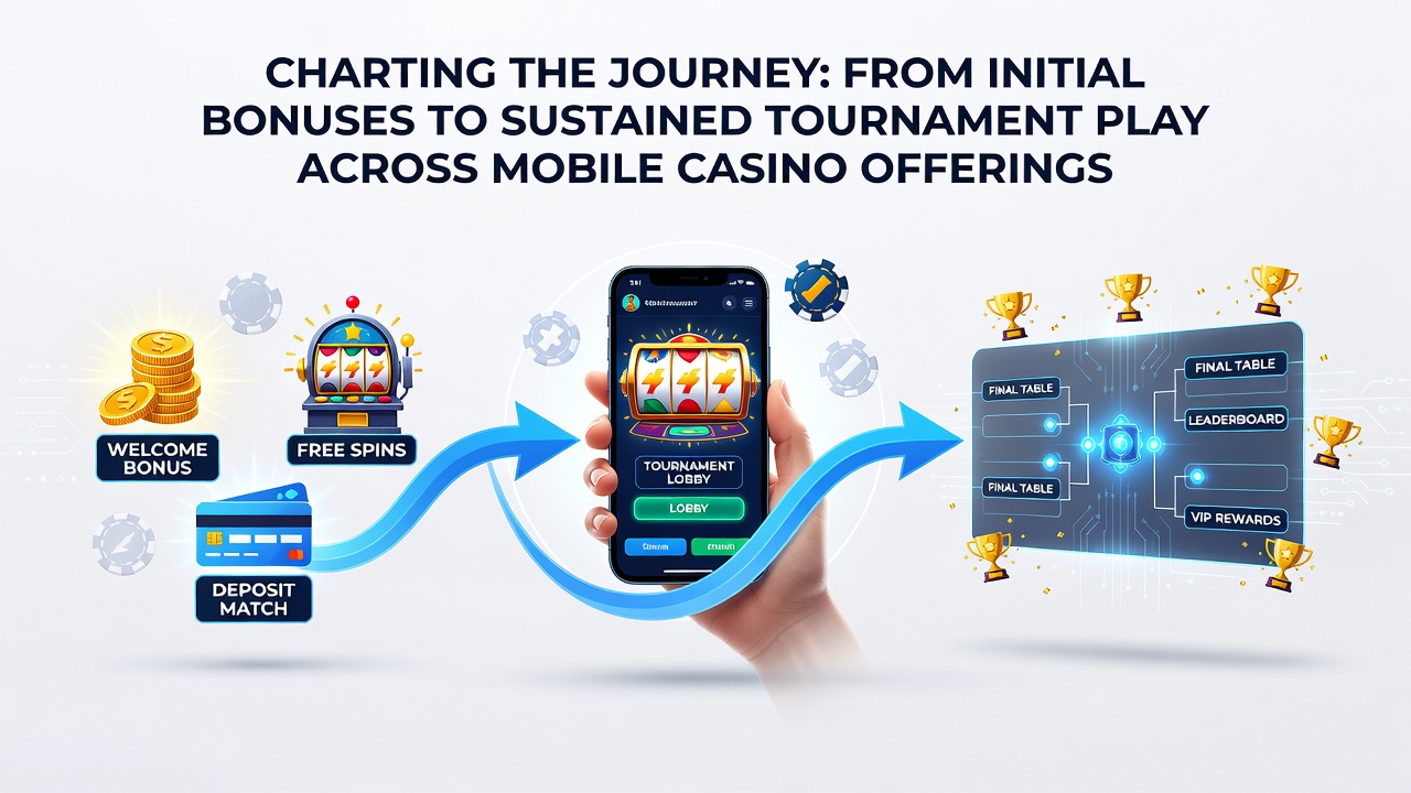 Mobile casino interface showing bonus offers transitioning into tournament selection screens on a smartphone display