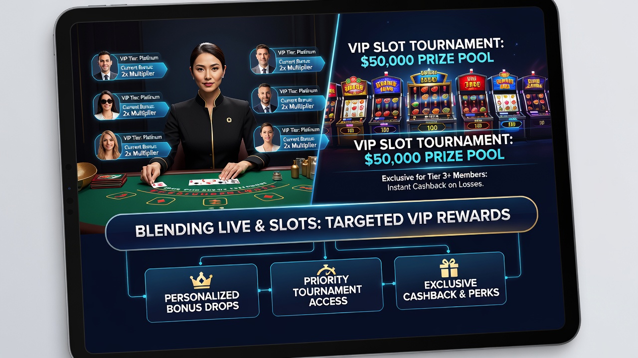 VIP dashboard on a mobile device displaying combined progress bars for live dealer points and slot tournament rankings