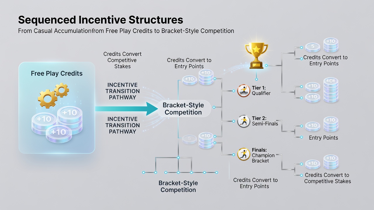Mobile tournament bracket interface showing progression from free play credits to competitive stages